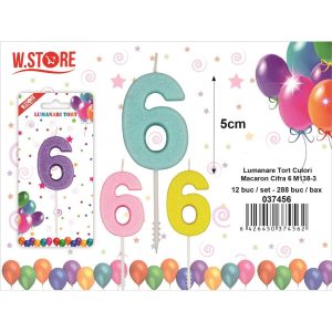 LUMANARE TORT CULORI MACARONS, CIFRA 6 (12 BUC/SET)