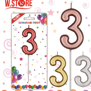 LUMANARE TORT CULORI METALICE, CIFRA 3 (12 BUC/SET)
